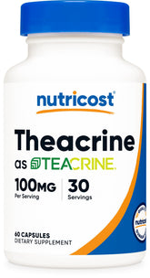 Nutricost Theacrine Teacrine bottle shows 60 capsules for daily use.
