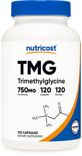 Nutricost TMG bottle front shows 750mg per capsule for daily support