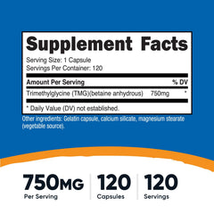 Nutricost TMG capsules closeup emphasizing capsule size and easy swallowing