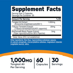 Nutricost Tongkat Ali vegetarian capsules pack shows easy-to-swallow nourishment.