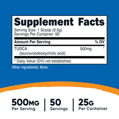 Nutricost Tudca powder scoop showing 500 mg serving for consistency