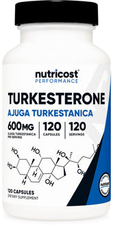Nutricost Turkesterone 600mg bottle front view for quality daily supplementation
