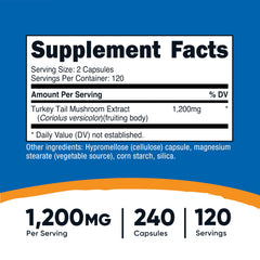 Nutricost Turkey Tail bottle back shows gluten-free, non-GMO details.
