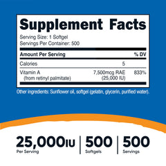 Nutricost Vitamin A 25,000 IU label close-up highlighting potency