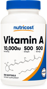 Nutricost Vitamin A softgel bottle on shelf for daily support.