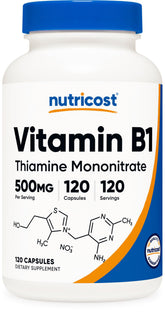 Nutricost Vitamin B1 bottle showing 120 capsules for daily use.