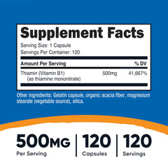 Nutricost Vitamin B1 capsules close-up highlighting 500mg potency.