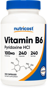 Nutricost Vitamin B6 bottle front view for daily use with 240 capsules