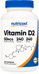 Nutricost Vitamin D2 bottle front view, vegan formula supporting daily wellness.