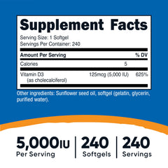 Nutricost Vitamin D3 5000IU label displaying serving size and ingredients.