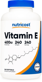 Nutricost Vitamin E 400 IU softgel bottle for daily antioxidant support.