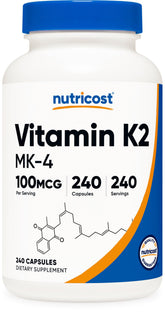 Nutricost Vitamin K2 MK-4 bottle with 240 servings for convenient daily use