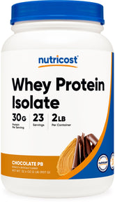 Nutricost Whey Protein Isolate tub displaying chocolate peanut butter flavor, ideal for daily protein.