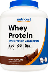 Nutricost whey protein concentrate chocolate bottle pouring into a shaker for post-workout