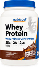Nutricost Whey Protein Concentrate Powder Shaq's Double Double Chocolate bottle front view, great for post-workout shakes.