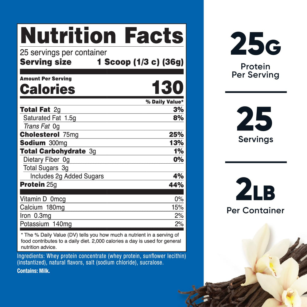 Nutricost Vanilla whey protein label close-up highlighting GMP quality and NSF certification