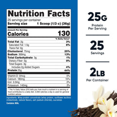 Nutricost Vanilla whey protein label close-up highlighting GMP quality and NSF certification