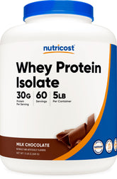 Nutricost Whey Protein Isolate Milk Chocolate tub front showcasing premium packaging and value.