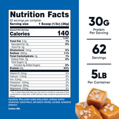 Nutricost Salted Caramel whey powder scoop shows 30 g protein per serving