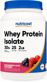 Nutricost Whey Protein Isolate Strawberry Acai bottle close-up for a reliable protein source.