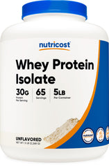 Nutricost Whey Protein Isolate unflavored 5lb bottle pour for post-workout fueling.