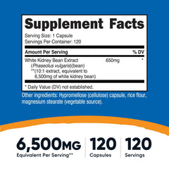 Nutricost white kidney bean capsules closeup, 650 mg extract per serving for easy dosing
