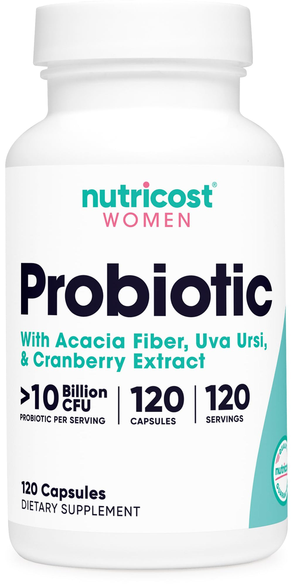 Nutricost Women Probiotic bottle label, highlighting 10B CFU formula.