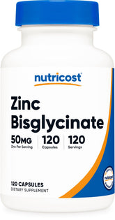 Nutricost zinc bisglycinate bottle front for a high-potency daily supplement.