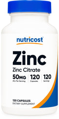 Nutricost Zinc Citrate 50mg bottle with easy-to-swallow capsules for daily use.