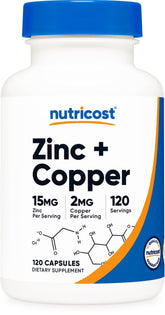 Nutricost Zinc + Copper capsules bottle on a clean surface for daily wellness.