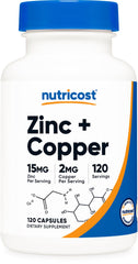 Nutricost Zinc + Copper capsules bottle on a clean surface for daily wellness.