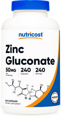 Nutricost zinc gluconate 50 mg capsules for daily mineral support.