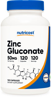 Nutricost Zinc Gluconate bottle with 120 vegetarian capsules for daily use.