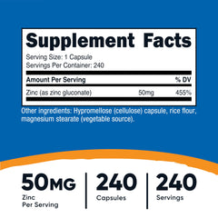 Nutricost zinc gluconate bottle front label highlights 50 mg per capsule.