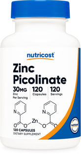 Nutricost Zinc Picolinate 30mg bottle label shows non-GMO, gluten-free formula