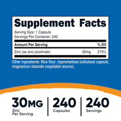 Nutricost Zinc Picolinate 30mg capsules close-up for easy daily intake.