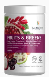 NutriDyn Fruits & Greens Berry bottle pour for a refreshing antioxidant boost