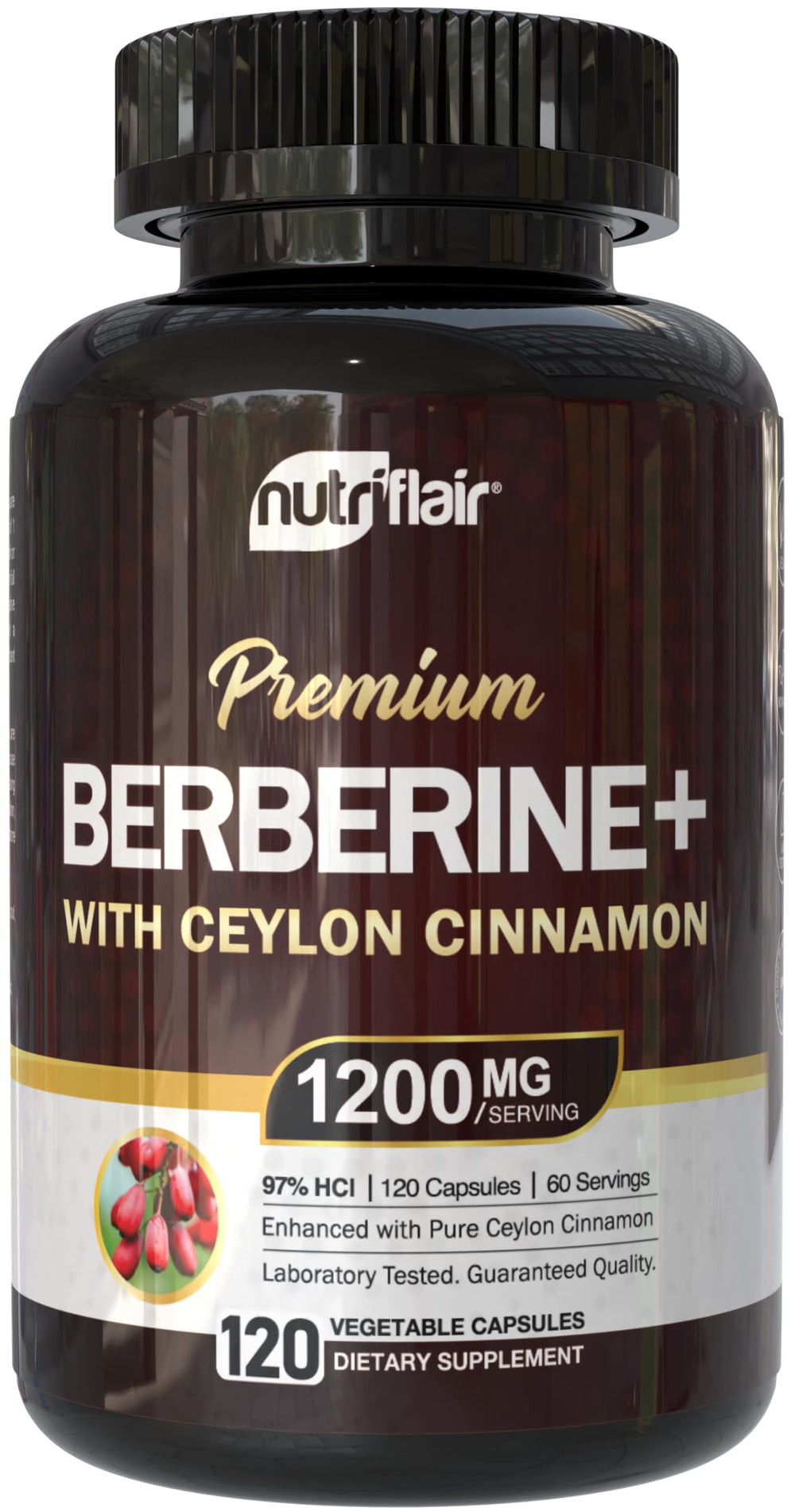 NutriFlair Berberine 97% HCl bottle front highlights premium, high-potency formula.