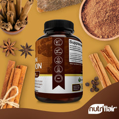 NutriFlair cinnamon label closeup communicates clear dosage and organic credentials