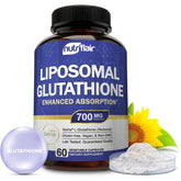 NutriFlair liposomal glutathione 700mg bottle shows premium packaging for daily wellness.