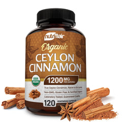 NutriFlair Organic Ceylon Cinnamon capsules in bottle for convenient daily use.