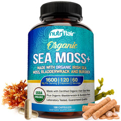 NutriFlair organic sea moss bottle highlighting immune-support potential and clean ingredients.
