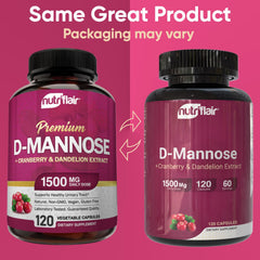 NutriFlair D-Mannose bottle back shows ingredients and GMP promise.