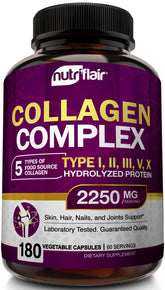 NutriFlair multi collagen capsules bottle supports healthier hair, skin, and nails.