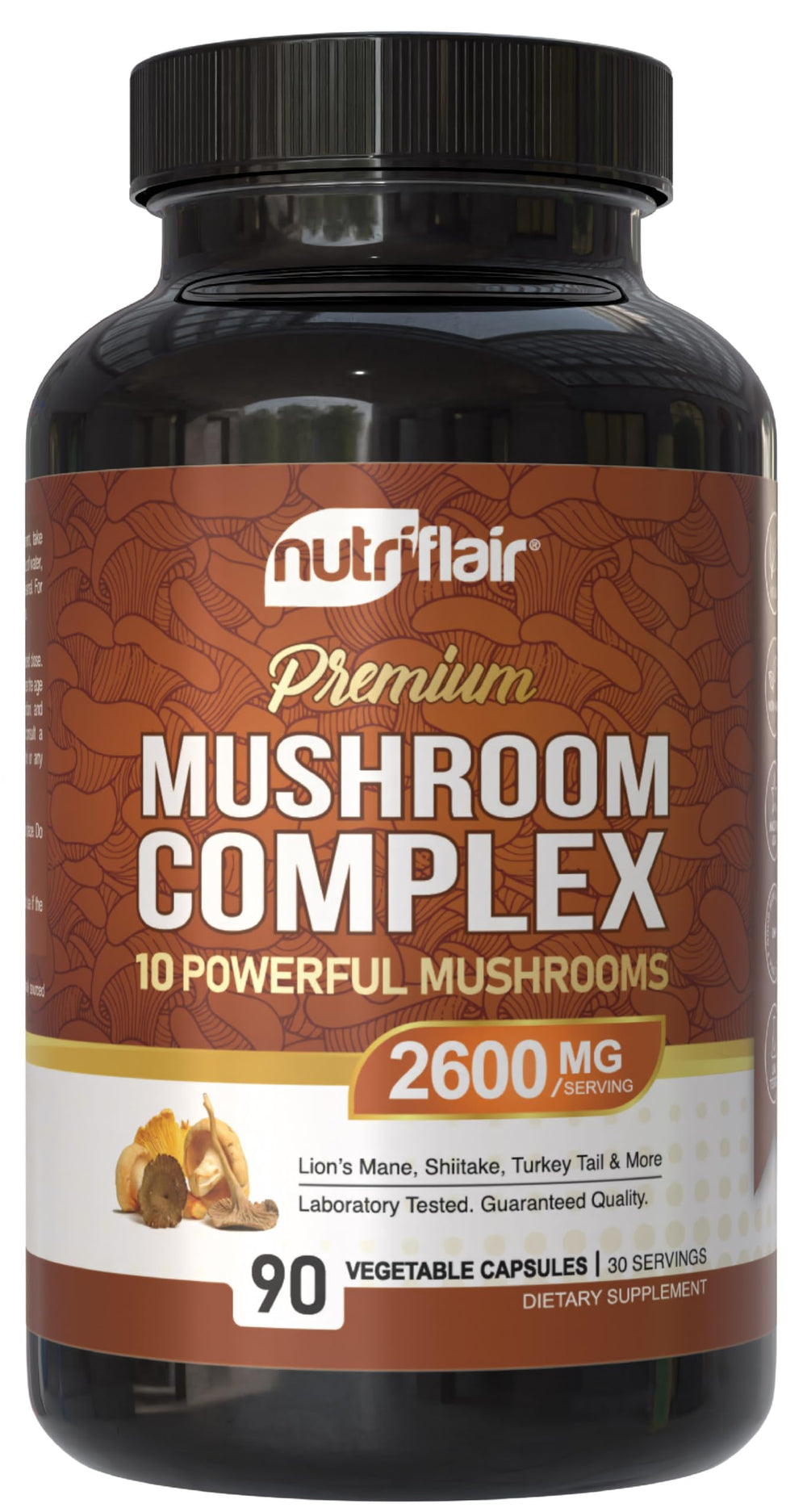 NutriFlair Mushroom Supplement bottle with 2600mg blend for daily wellness