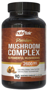 NutriFlair Mushroom Supplement bottle with 2600mg blend for daily wellness