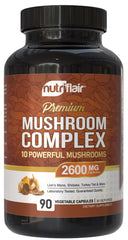NutriFlair Mushroom Supplement bottle with 2600mg blend for daily wellness