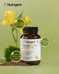 Nutrigent Organic Evening Primrose Oil bottle highlighting certified organic formula