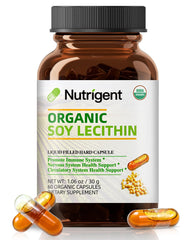 Nutrigent soy lecithin liquid capsules bottle showing organic formula for convenient daily use.