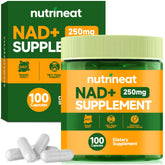 NutriNeat NAD+ bottle front shows premium formula for energy and metabolic support.